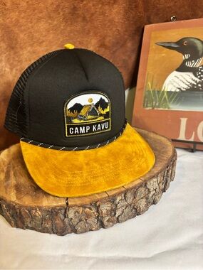Camp Kavu Trucker Hat | Black + Mustard Suede Bill Snapback Outdoor Cap
